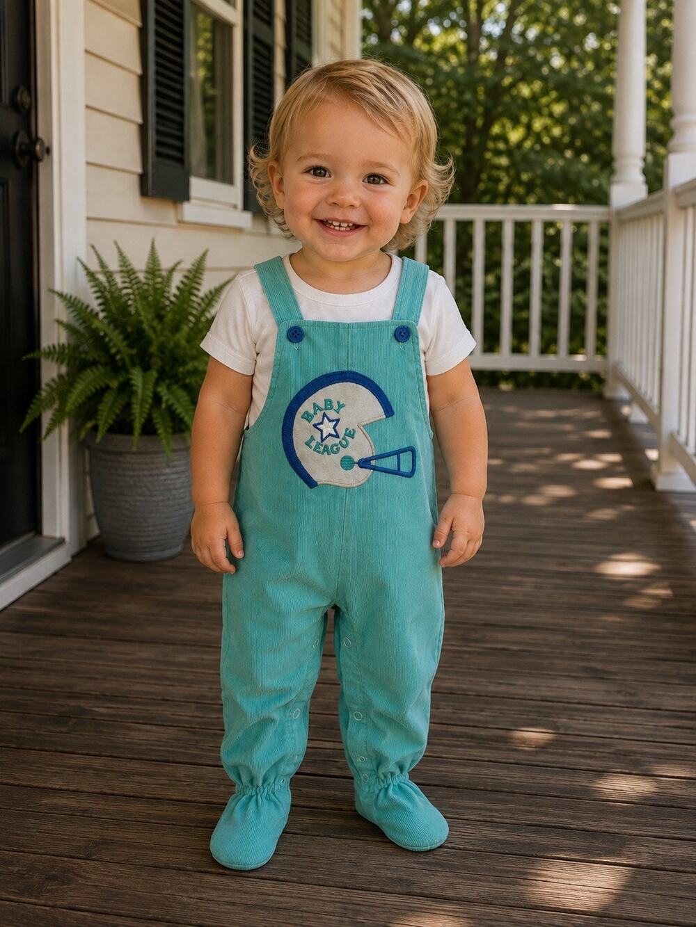 Vintage Buster Brown Romper Boys Football Player 6-9 Months Corduroy teal